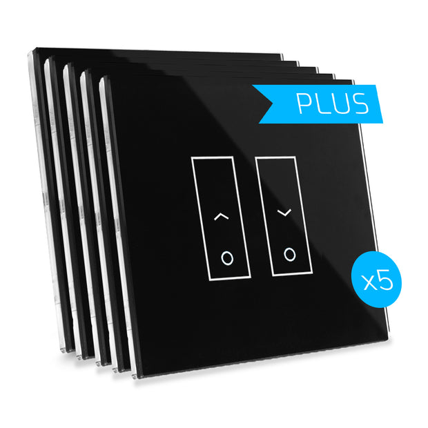 Kit med 5 E2S PLUS Smart wifi-brytare för markiser och rulljalusier - Med justerbar bakgrundsbelysning och finns i 5 olika färger, i högkvalitativt härdat pekglas med elförbrukningsmätare